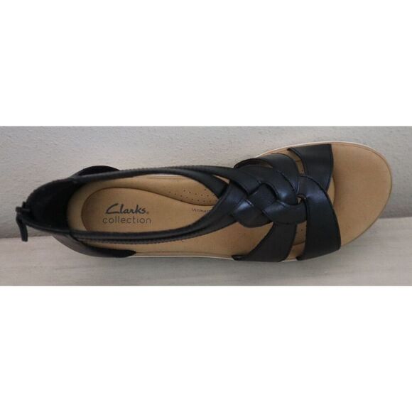 Collection x Clarks Wmn Sz 11 M Black Leather Jillian Bright Strappy Wedge Heels - Picture 10 of 12